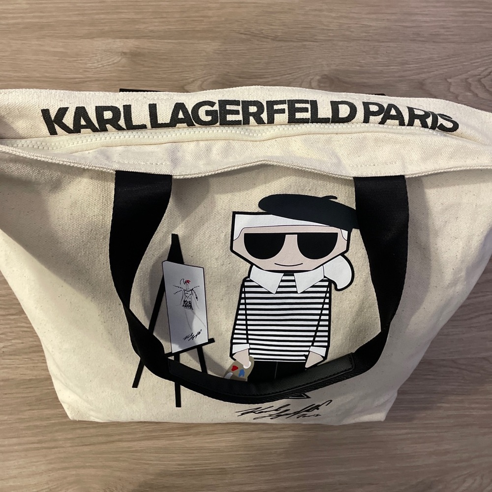 NWT Karl Lagerfeld Paris French Artist Sketch Cancas Large Tote Bag Beige